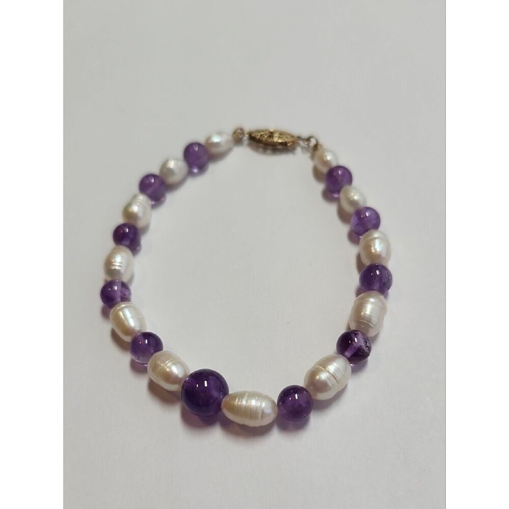 14/20 GF Clasp Freshwater Pearl and Amethyst Beaded Bracelet Purple White 6.75"